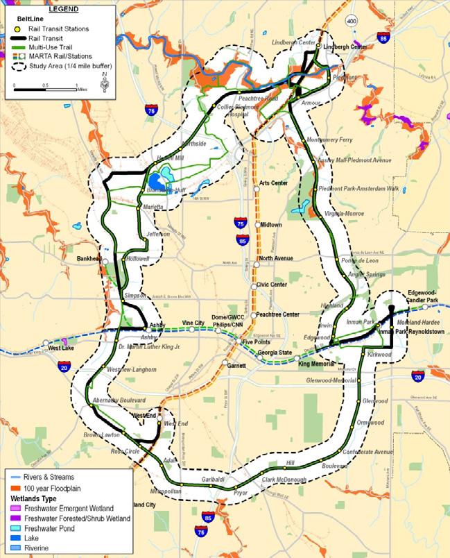BeltLine Corridor Existing Conditions Wetland Areas and 100-Year Floodplains Floodplains of Peachtree, Proctor, Clear and Tanyard Creeks 21 streams and 8 bodies of water
