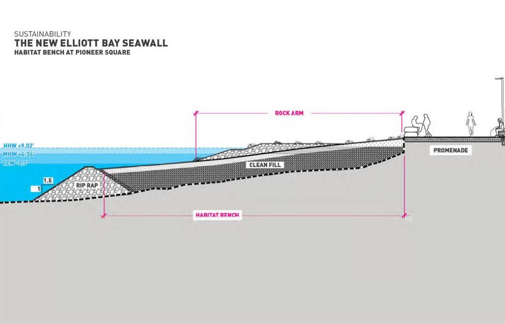 Figure 2, Section view of Elliot Bay seawall habitat benches at Pioneer Square. 1.
