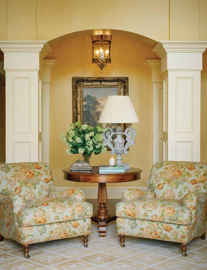 In the great room, the soft patterns and colors let the architectural elements,
