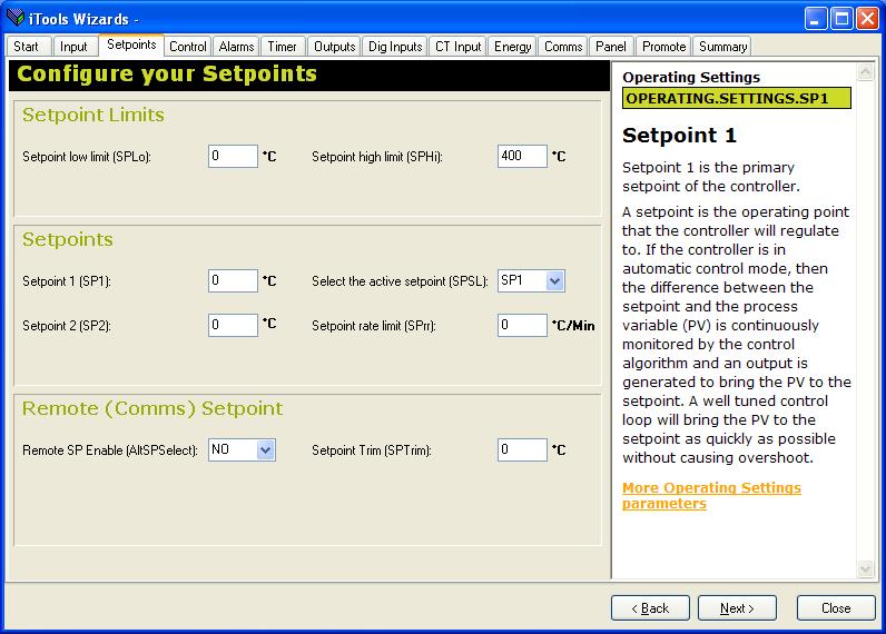 10.4.2 Setpoints Select the Setpoints tab to set up:- Low and high setpoint limits; Setpoint 1 and 2 values; the active setpoint; setpoint rate limit.