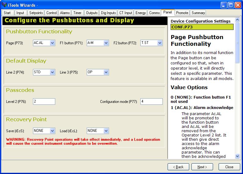10.4.11 Pushbutton and Display Functionality Select Panel to configure the functionality of the (P73), F1 (P71) and F2 buttons (P72); the display