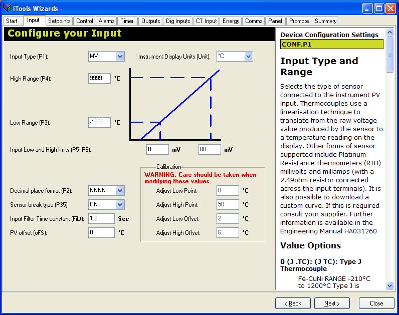 10.4.1 Sensor Input Select the Input tab to configure Input Type (P1); Decimal Places (P2); Low Range Limit (P3); High Range Limit (P4); Linear mv Input Low (P5): Linear mv Input High