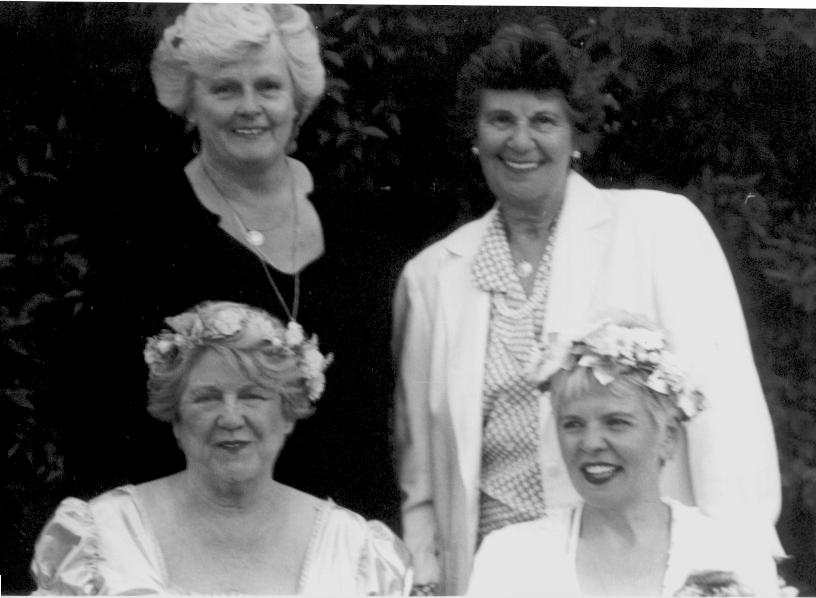 Former May Queens Christine Hughes (1957), Jean Oades (née Munrow 1946, the first year May Day was restored after World War II), Marianne Aldridge (née Bruce 1952), and Amanda Walling (1977)