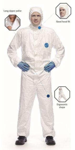 TYVEK 500 XPERT Product name: Colour: Seams: Size: TYVEK 500 Xpert TY CHF5 S WH XP / TY CHF5 S GR 00 / TY CHF5 S BU 00 White / Green / Blue Internal stitched seams reducing risk of contamination from