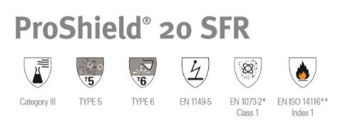 PROSHIELD 20 SFR Product name: Colour: Seams: Size: PROSHIELD 20 SFR F1 CHF5 S WH 00 White Internal sewn seams.