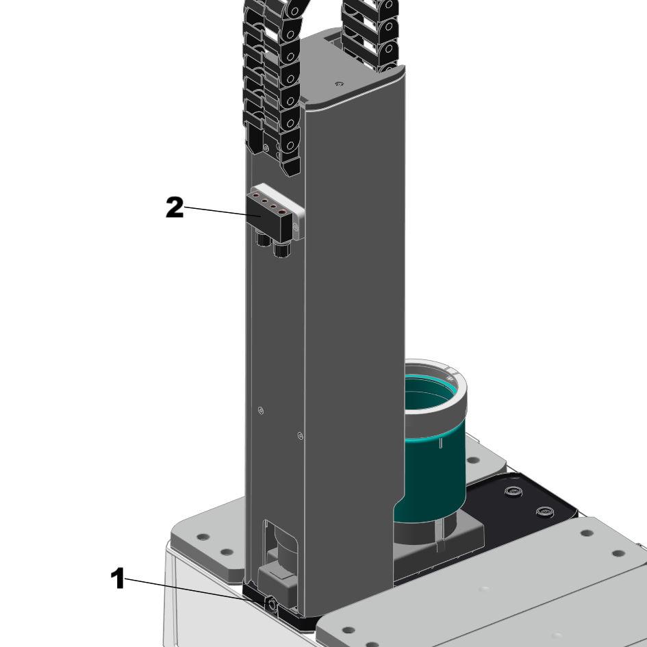 Overview OMNIS Sample Robot Pick&Place L At both slide positions (7-5) (front and rear), the titration head holder (7-6) can be moved downwards via the lift tower (7-2) so that the safety shield