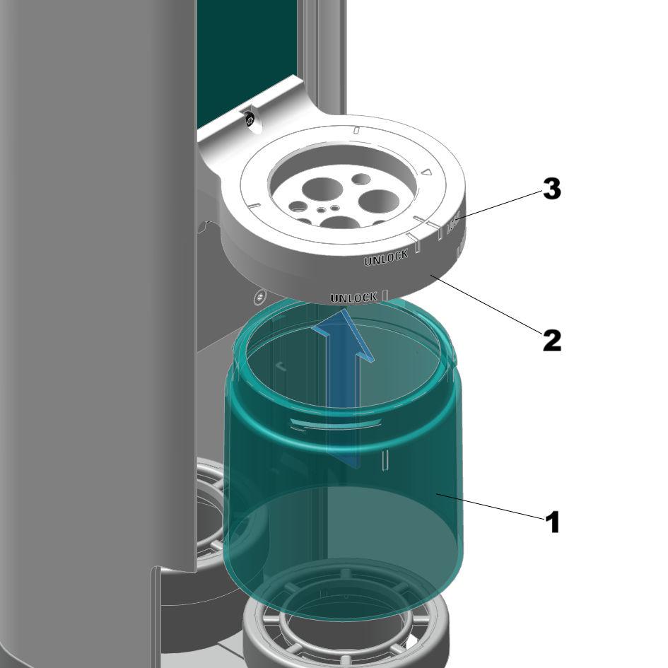 Installation Figure 26 Inserting the safety shield 1 Safety shield 2 Titration head holder 3 Markings "LOCK" and "UNLOCK" Mounting the safety shield
