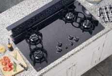 Downdraft Profile 36" Gas Integrated Downdraft Cooktop JGP656BB Black on black Tempered glass cooktop Four sealed gas burners Continuous cast iron grates Electronic pilotless ignition 350 CFM