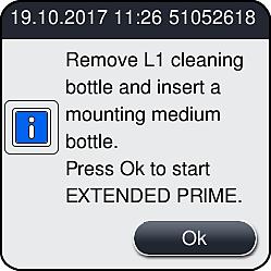 After the insertion, acknowledge the information message ( Fig. 04) with Ok. Dispose of the contents of the cleaning bottle in accordance with laboratory regulations. Fig. 04 Cleaning process finished and preparation for transport or storage.