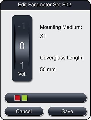 5 Operation 5.9.5 Adjustment of the application volume The HistoCore SPECTRA CV has a volume setting for the application volume of the mounting medium that is set by default and validated by Leica.