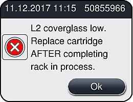 6 Daily Instrument Setup 2 Fig. 60 New processing in the L2 coverslip line is only possible after the insertion of a new coverglass cartridge. To change the coverglass cartridge, proceed as follows:.