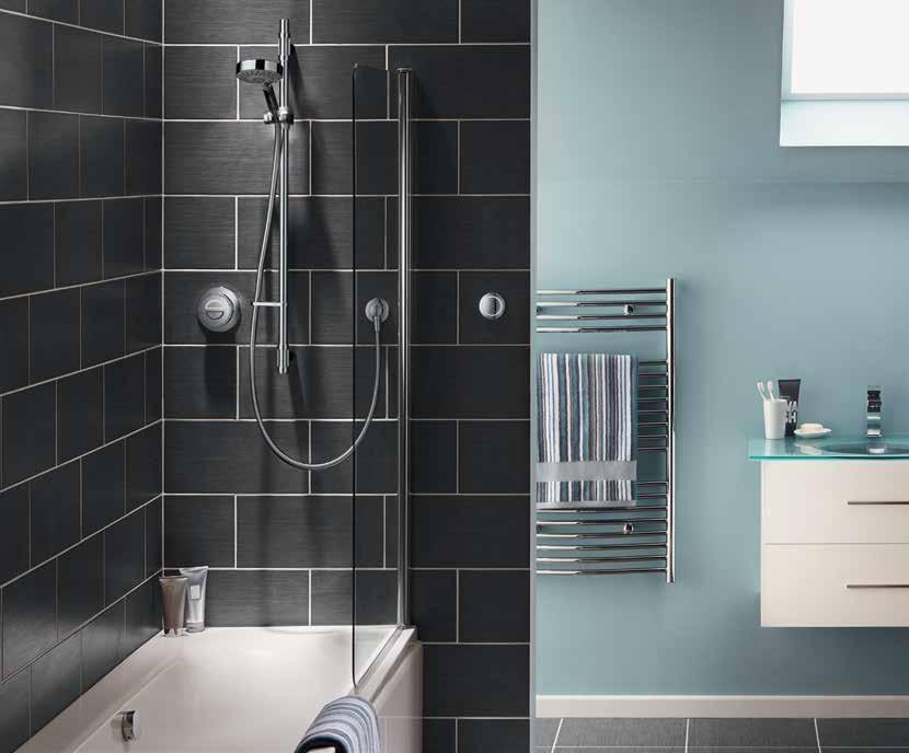 Switch on remotely with Rise, choosing between the drencher head and height adjustable shower head.