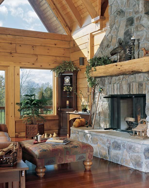 A dramatic half-sawn, peeled cedar log mantel complements the soaring Cultured Stone fireplace that dominates the Schaefers great room.