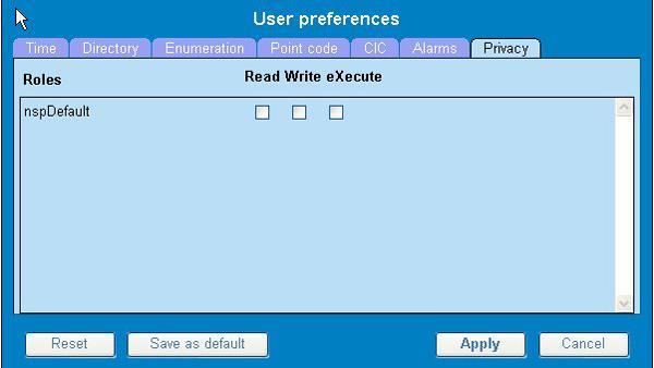 Figure 8: Privacy Page 3. Click the appropriate box to select Read, Write, or execute. If you want the role to have no access to the selected object(s), ensure that no box is checked. 4.