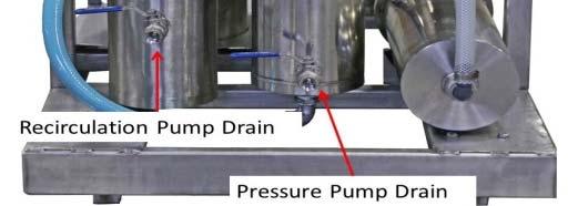 To connect to a drain use a ½ combo elbow, ½ band clamp and ½ hose `The recirculation and pressure pump drains are provided with a ½ stainless steel ball