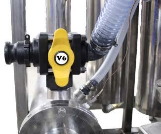 V6 The handle should be toward the pump housing. Input from the liquid source selector should be from the raw sap (or previously concentrated sap). V18 Valve handle vertical. Valve is closed.