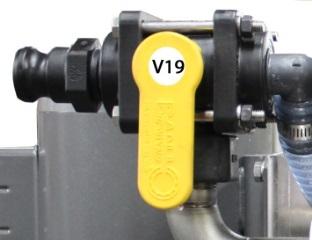 V6 The handle should be toward the pump housing. Input from the liquid source selector should be from the permeate tank. V18 Handle should be parallel to the pipe. Valve is open.