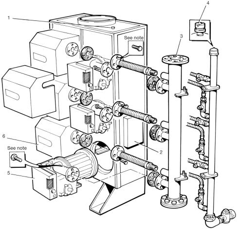 EXPLODED DIAGRAMS 4 BOILER ASSEMBLY - Exploded view (300kW Vertical boiler shown) ASSEMBLY LEGEND. Flue sampling point. 2. Wiring Centre. 3. Water header. 4. Gas pressure test point. 5. 50kW module.