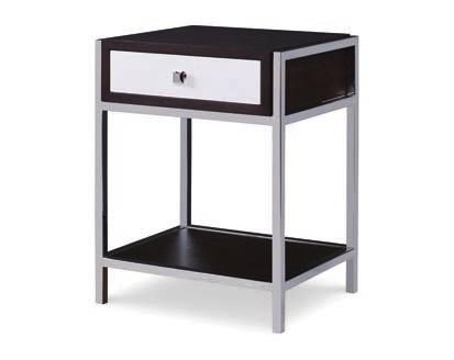 25 Open shelf with wire access above two soft-close drawers with Polished Nickel finish hardware Beech solids and Walnut veneers ARIA NIGHTSTAND