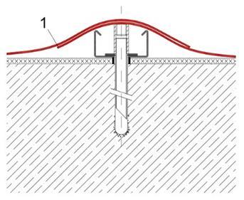 Figure 1. On the left, adjacent PVC geocomposite sheets (continuous red line, 1) overlap on the U profile secured to the dam.