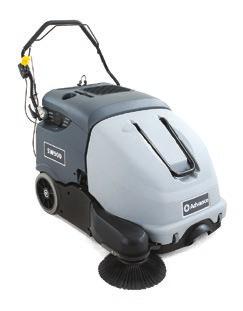 Terra 28B Walk-Behind Sweeper 28 inch sweep path Maintenance free gel battery standard Half as loud as most vacuums at 59 db A Standard onboard battery charger Tools-free removable brooms and