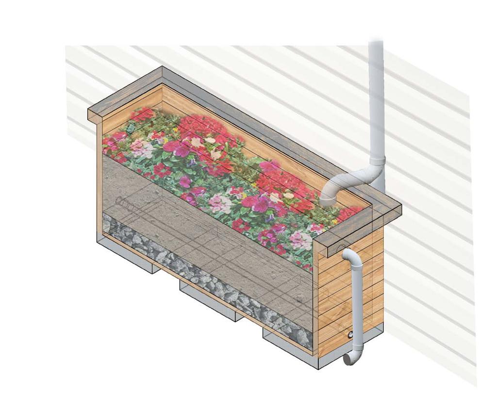 PLANTER BOXES The downspout planter box can be wooden or concrete. However, all boxes must be reinforced to hold soil, stone, and the quantity of rainfall it is designed to store.