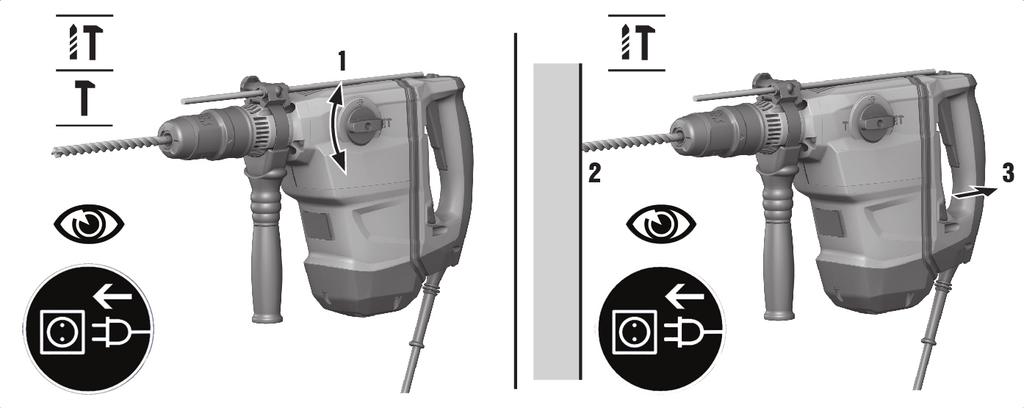 5.2.1 Drilling with hammering action (hammer drilling) 1. Set the function selector switch to this symbol:. 2. Set the desired power level. 3. Press the drill bit against the work surface. 4.