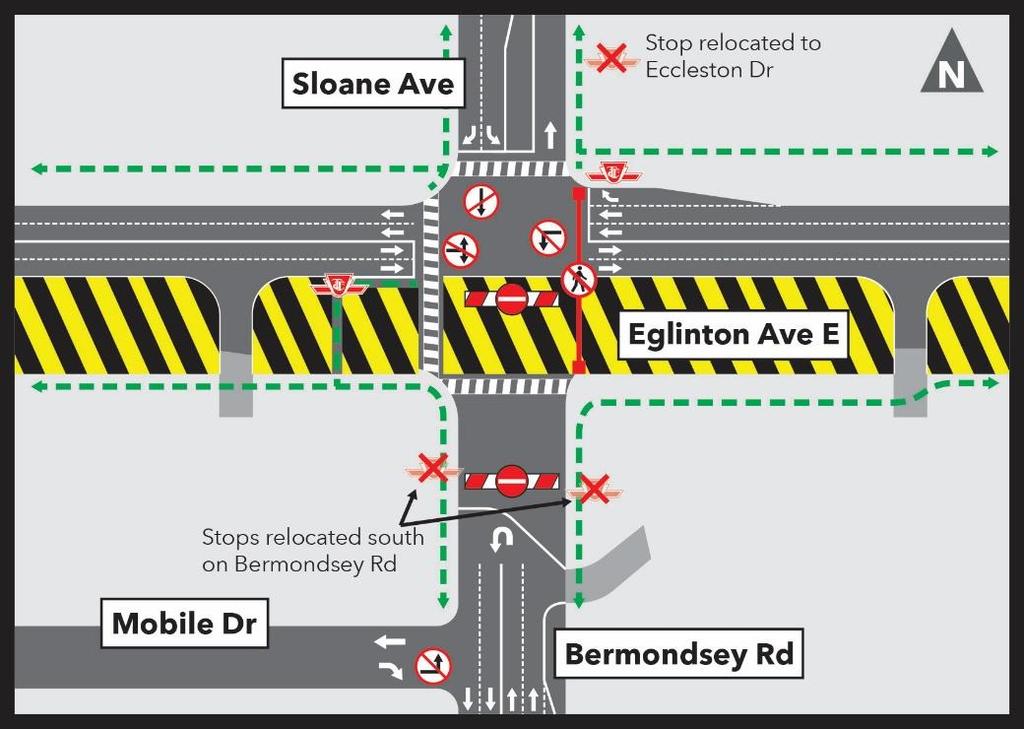 To accommodate road widening and paving activities along Eglinton Avenue East, two new traffic configurations