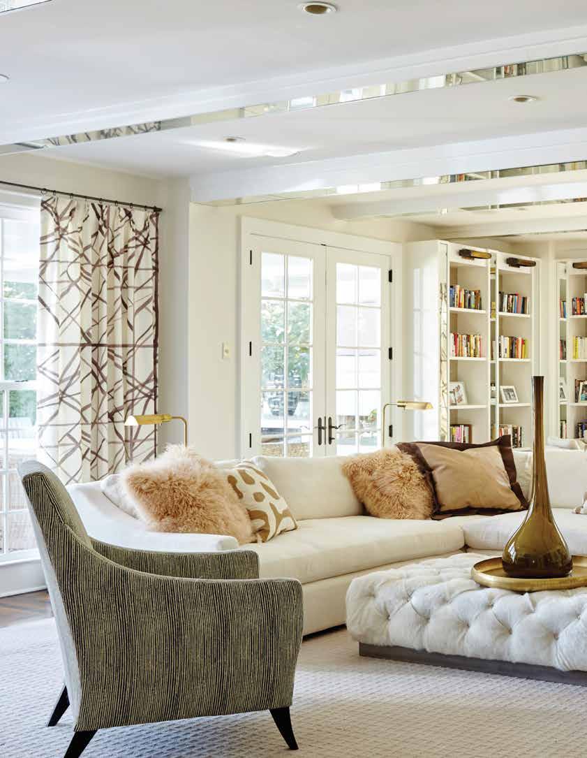 Drapery in the warm white living room is Kelly Wearstler s Channels by Groundworks in taupe and ivory.