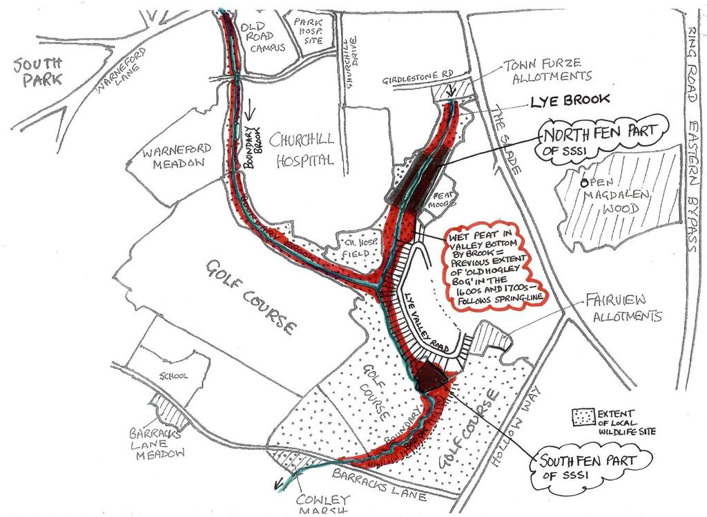 Map 2 The historic location and extent of the former Hogley Bog fen habitats as indicated by old maps and