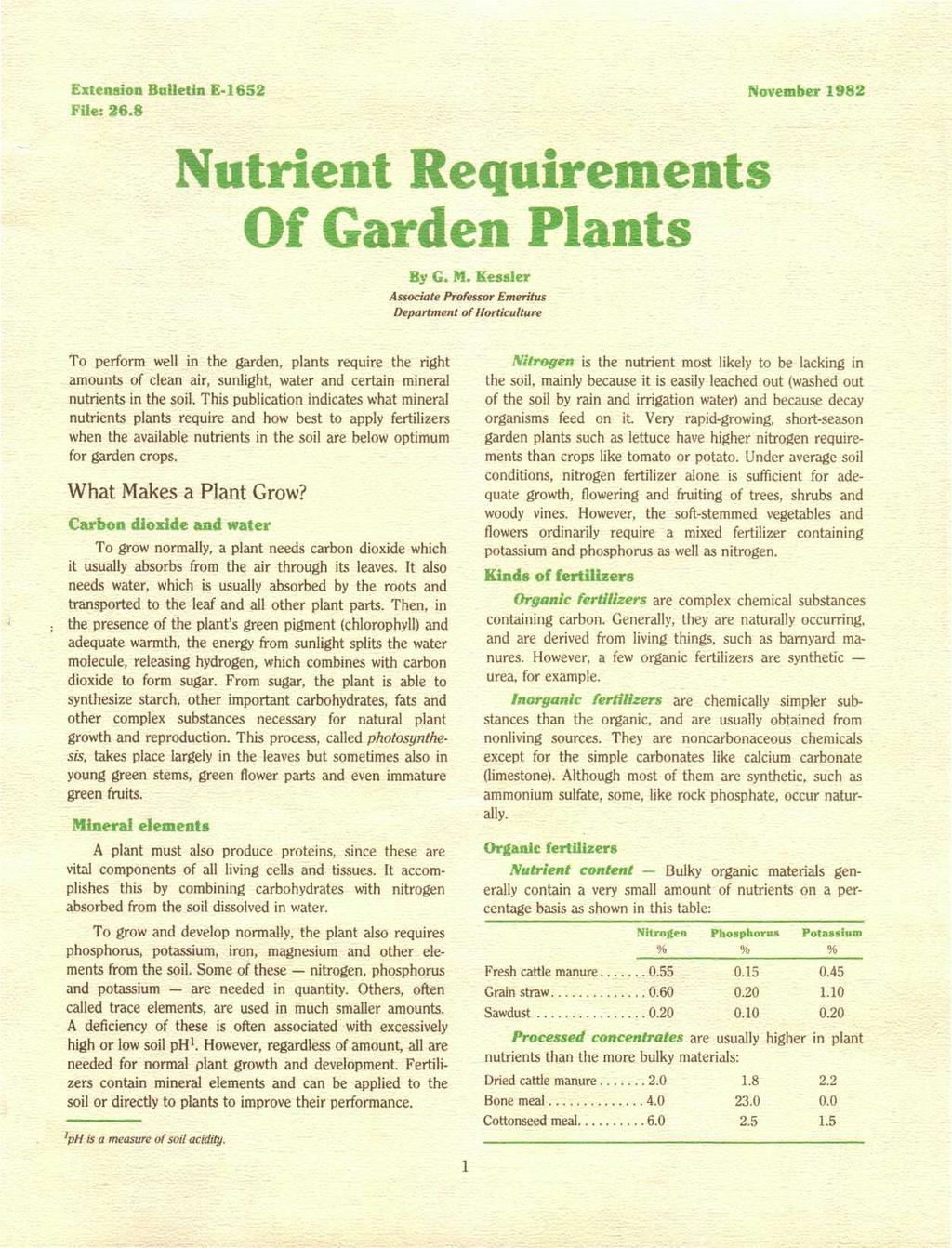 Extension Bulletin E-1652 File: 26.8 November 1982 Nutrient Requirements Of Garden Plants By G. M.