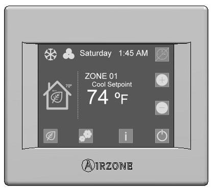 2.2.3. Wired Thermostat Graphic color touch pad display for control of zone temperature master thermostat. Wall mounted. Graphic interface with 3 languages (Spanish, English, and French). Zone On/Off.