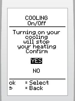 ON ON Cooling according to program (room temperature set by the user) Start of cooling when the room temperature exceeds the set value. ON: enable, OFF: disable 6.10.