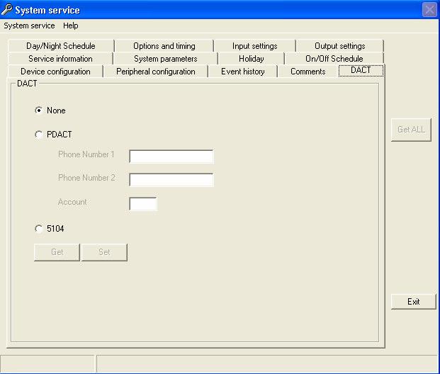 2.9 DACT Tab: Let you set up the dialer. 1 Select None, PDACT, or 5104 2 If selecting PDACT a.