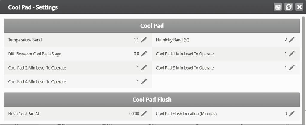 To Humidity: Set the maximum allowed humidity before stopping the cool pad. On Sec: Set the maximum on time for each cycle of cool pad operation.