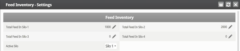 4.2.1 FEED INVENTORY HELP SET DEFINITIONS Define: o Total Feed in Silo-1/ -2/ -3/ -4: Manually change or correct the amount of feed in the silos. o Active Silo: Select the required silo for use.