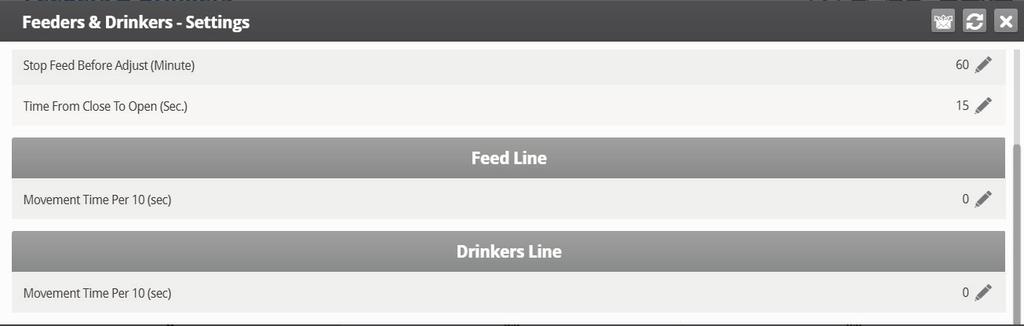3. If required, click and set the parameters 4.8.1 FEEDERS & DRINKERS HELP SET DEFINITIONS Define: o Adjust at Time: Set the required time to adjust the feeders' and drinkers' positions.