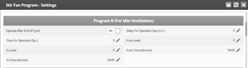 o Cycle Off time (sec): Define the length of time in seconds you would like the stir fan to be off during the cycle. o From/To Level: Limit the program to operate between the levels defined.