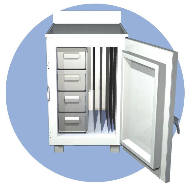 Four stainless steel drawers with leaded fronts Three adjustable vertical dividers for storing up to 4 flood sources or phantoms Overall: 40 H x 22 W x 24 D (101.6 x 55.8 x 60.