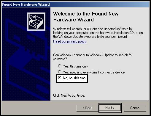 22. Click on No, not at this time on the Found New Hardware Wizard