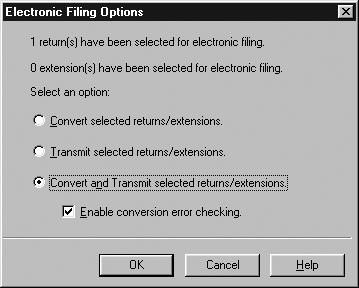 Step 5 - Convert and transmit the selected return(s) To electronically file the individual returns that you selected in step 4: 1 Go to the toolbar and click the E-File button.
