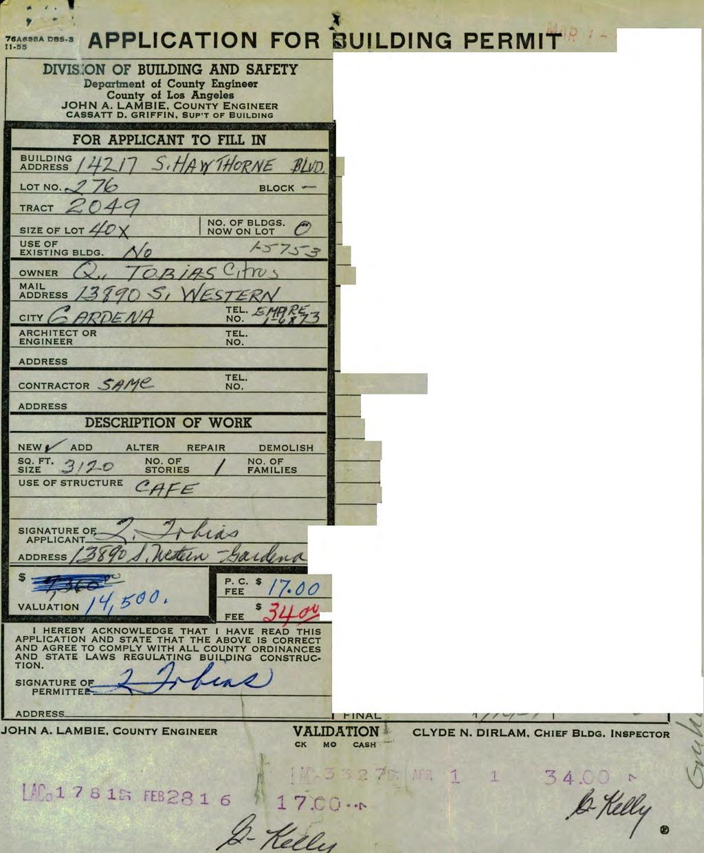 application for building permit DIVIS. ON OF AND SAFETY Department of County Engineer County of Los Angeles JOHN A. LAMBIE. COUNTY ENGINEER CASSATT D.