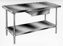Table and Sinks TABLE, WORK (4') TN-021 48" L x 30" W x 34" H; 14 gauge stainless steel top and under shelf; legs, drawer, and adjustable bullet feet of stainless steel.