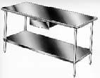 TABLE, COOK WITH POT RACK AND SINK (10') TN-022 Rack height 7' 2"; stainless steel adjustable bullet feet; table 30" W x 120" L x 34" H; top of 14 gauge polished stainless steel, 1-1/2" rolled down