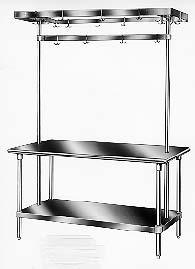 TABLE, COOK (10') WITH POT RACK, LESS SINK TN-022C Rack height 7' 2"; stainless steel adjustable bullet feet; table 30" W x 120" L x 34" H; top and under shelf of 14 gauge polished stainless steel