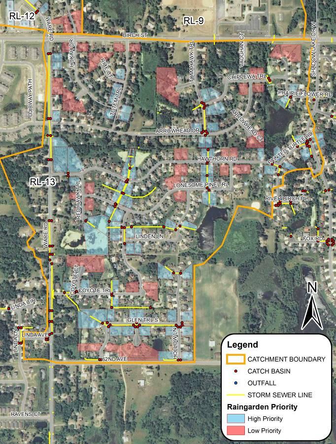 CATCHMENT PROFILE: RL-13 Site Selection: In order to maximize the treatment potential of each rain garden, properties furthest downhill or near a catch basin should be targeted as high priority sites.