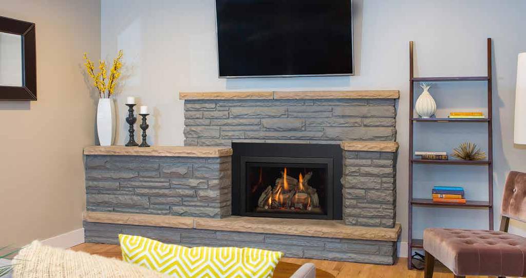 Beach Accent Kit shown with a Rectangle screen front, and a Black Glass panel refractory Traditional Log shown with a Prairie screen front, and a Rustic Brick refractory Birch Logs THE ROOSEVELT 34 &
