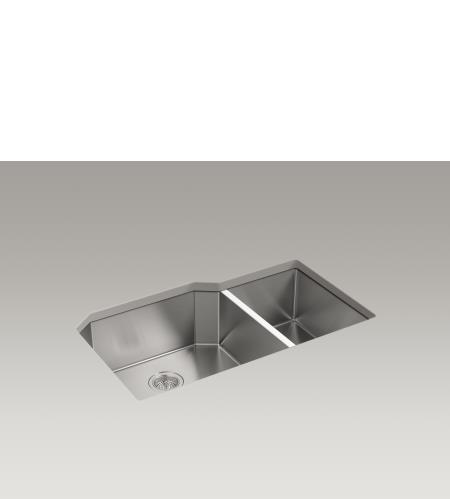 Kitchen K-5282 KOHLER STRIVE UNDER-MOUNT LARGE/MEDIUM DOUBLE-BOWL KITCHEN SINK WITH BASIN RACK 39-inch minimum base cabinet width. Extra-large/medium bowls. 9-inch depth. No faucet holes.