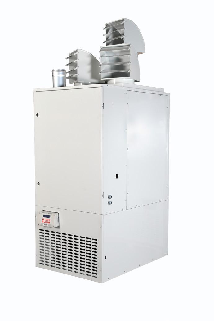 Floorstanding Warm Air Heater PVE Fitted with a modulating atmospheric burner, centrifugal blower, powered flue that enables horizontal flue flue runs and provides the option to take air for
