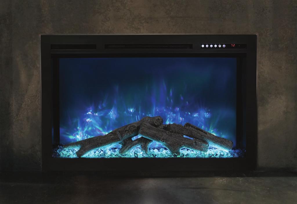 A gray back screen allows the colors to shimmer and shine, dancing off multicolor glacier diamond glass, creating a crisp, clean flame and contemporary look along with our realistic Driftwood Logs.